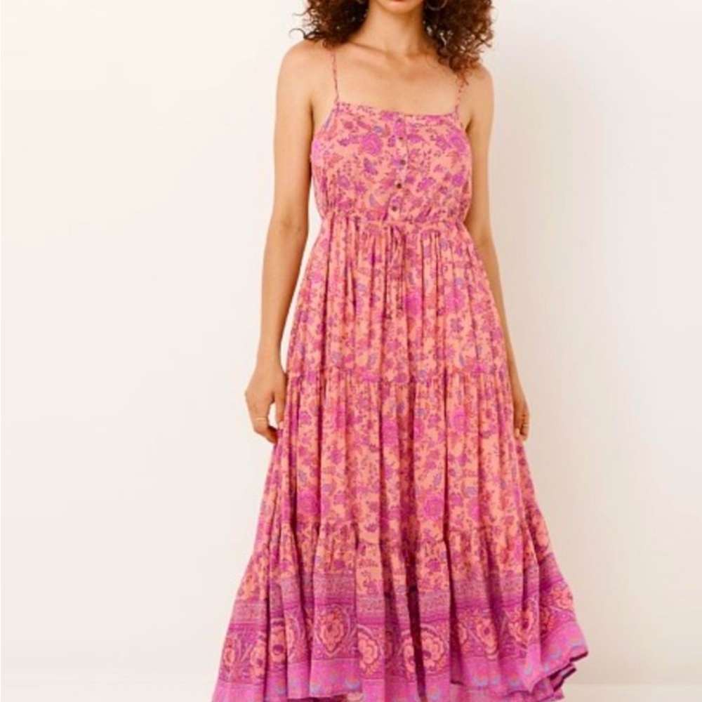 Spell Pink Floral Tiered Midi Dress